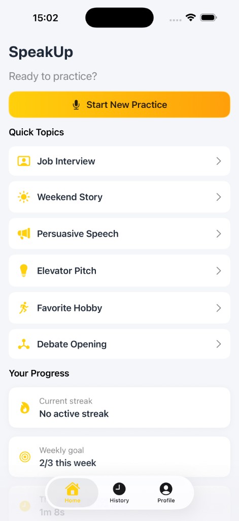 SpeakUp home screen with Start New Practice button and quick topic list