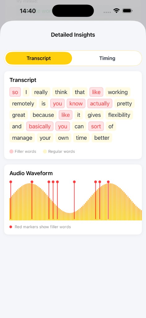 Detailed Insights screen with filler-word-highlighted transcript and audio waveform