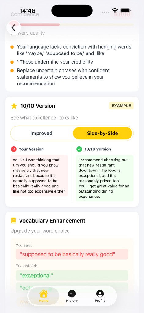 10 out of 10 Version comparison showing your version next to a stronger rewrite